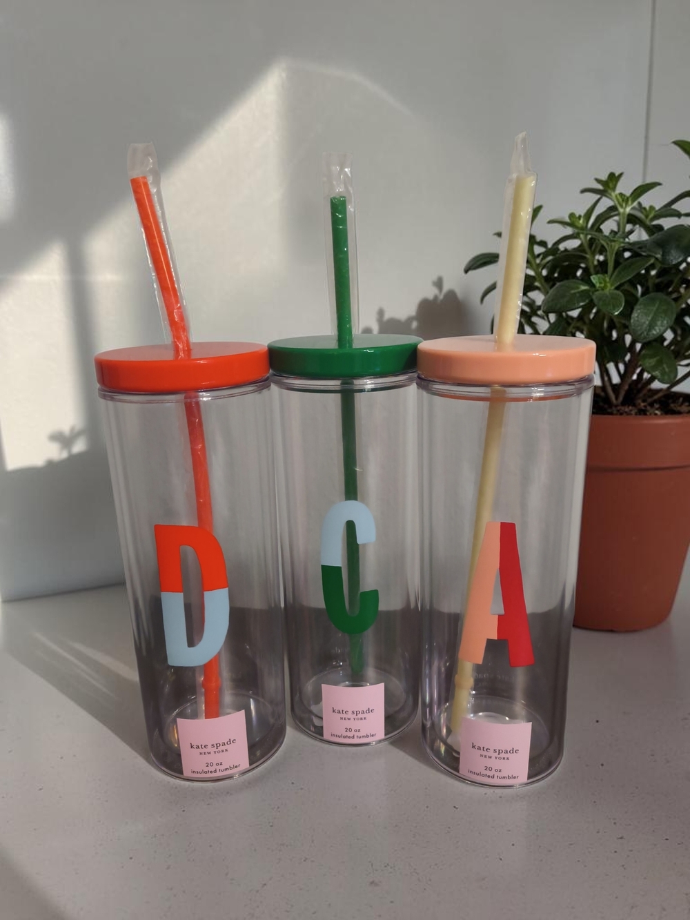NWT kate spade Sparks Of Joy Initial Tumbler W Straw  Peach, Green,Orange 3 Set